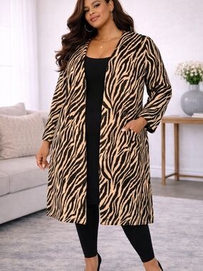 Randolph Duke Zebra Print Velvet Duster Coat 24W Plus Size Long Jacket Vintage